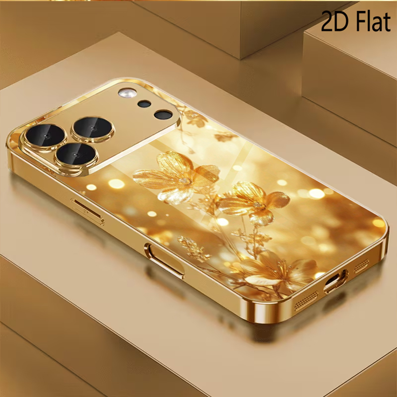 Phone Cases That Cover The Camera - The Golden Flower Patterned tempered glass