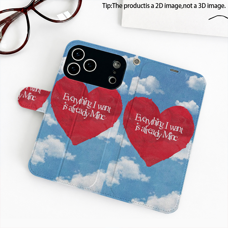 Phone Cases With Stand - Cloud Red Heart Pattern 2D Flip