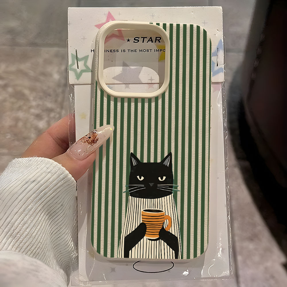 Phone Cases Amazon - Funny Coffee Cat Pattern Lychee Phone