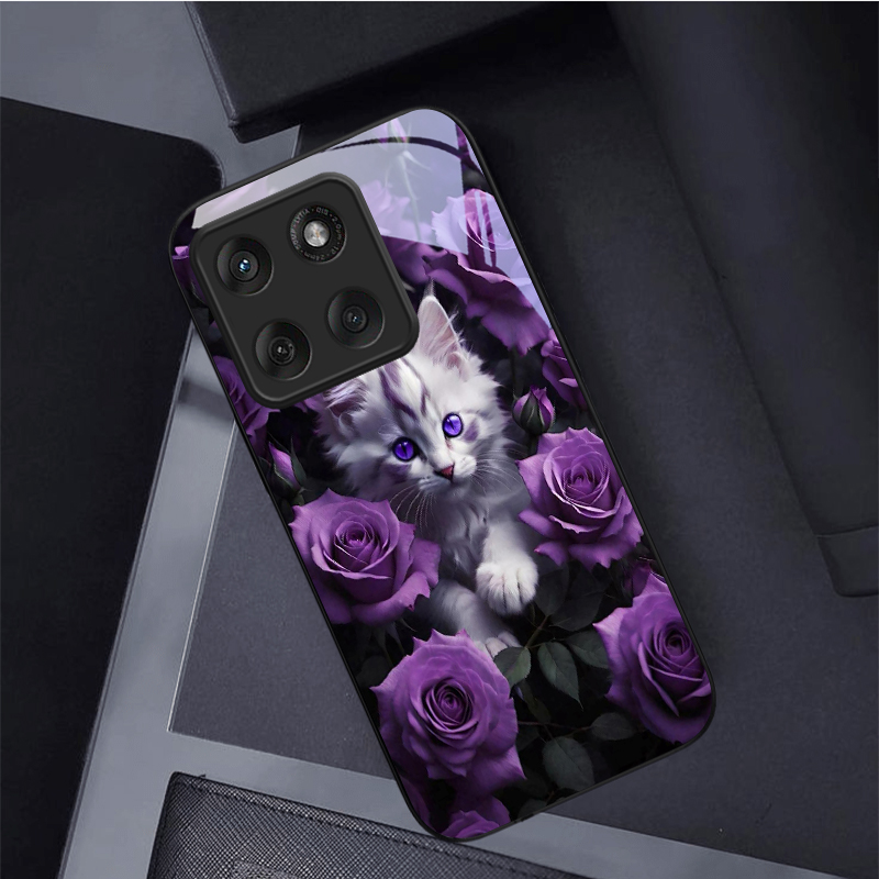 Kitten Purple Roses Black Glas - Phone Cases Motorola 评论和价格