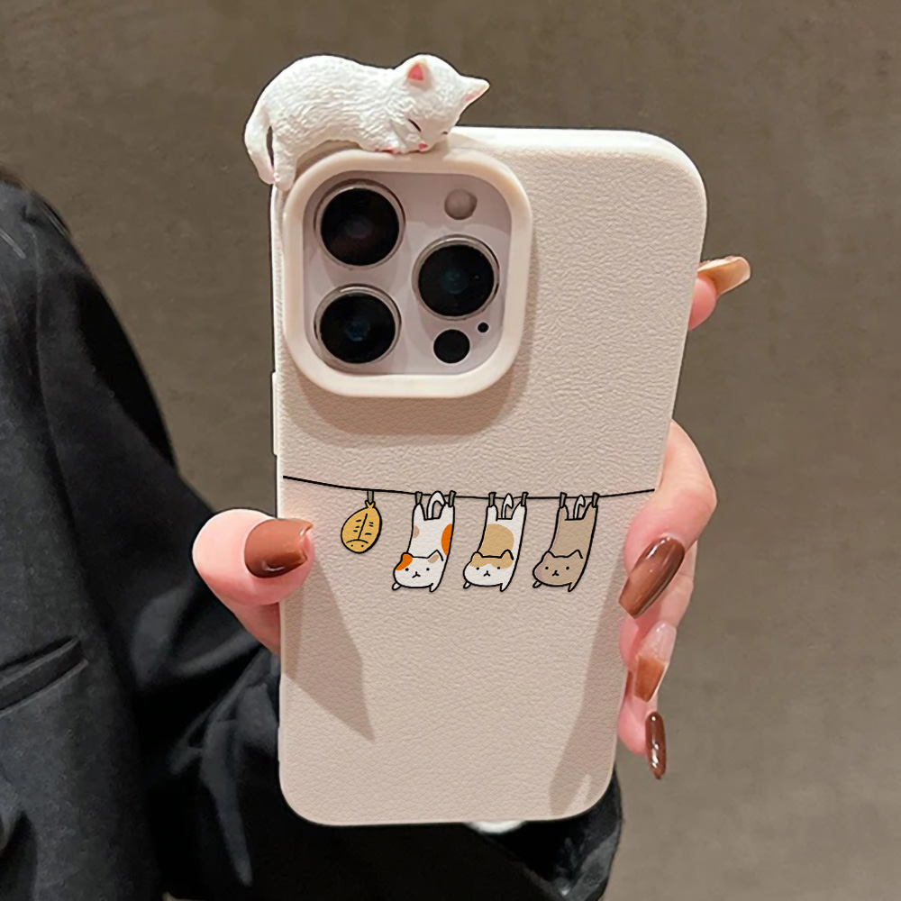 3D Cute Cartoon Cat Leather Ca - Phone Cases Leather 评论和价格