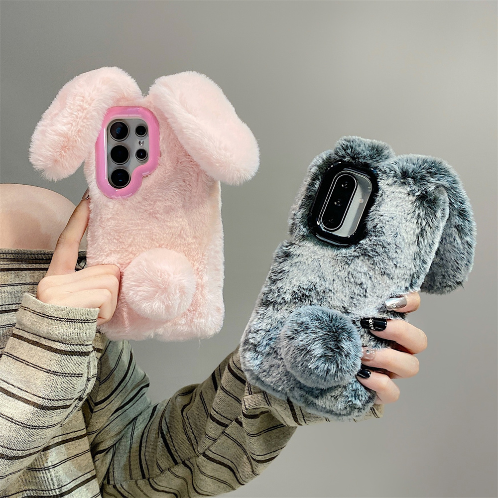 Cute Rabbit Ears Fluffy Stand  - Phone Cases That Cover The Camera 评论和价格